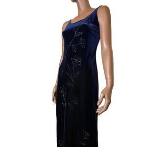 Jump Apparel vintage navy blue velvet maxi dress beaded florals size 3/4 US